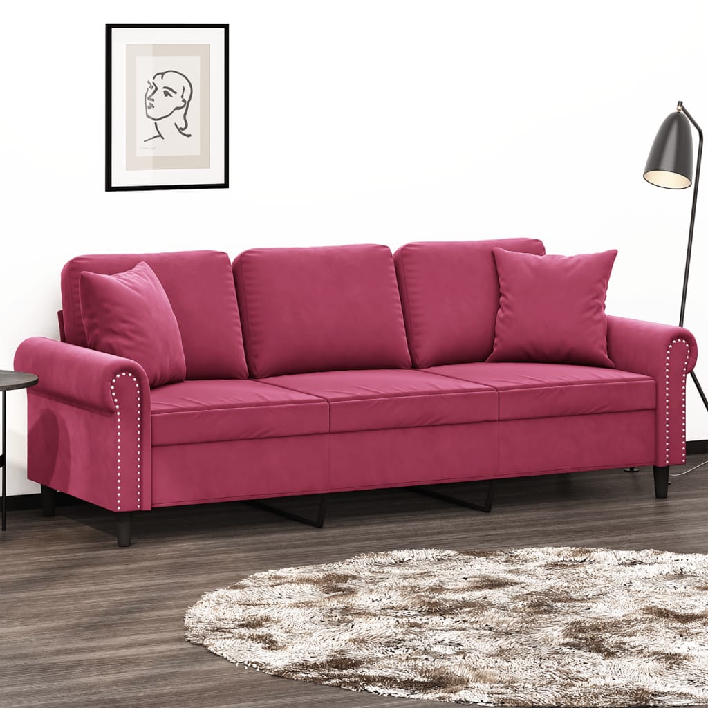 Canapé 3 places avec oreillers bordeaux 180 cm velours - XIOS