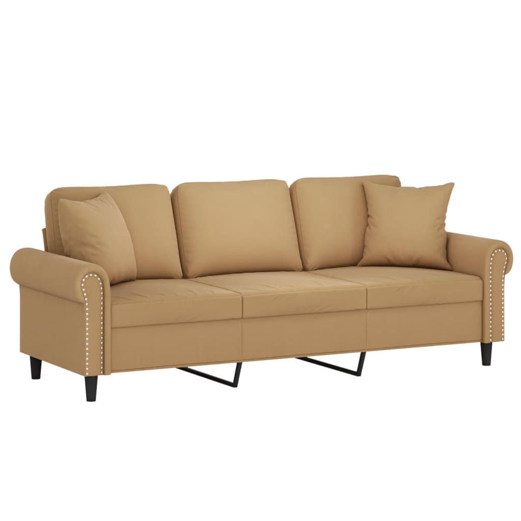 Canapé 3 places avec oreillers décoratifs marron 180 cm velours - XIOS