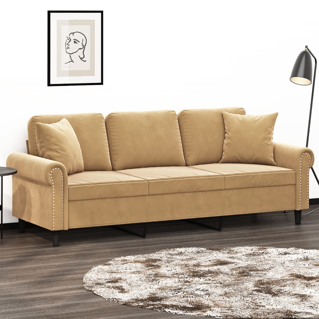 Canapé 3 places avec oreillers décoratifs marron 180 cm velours - XIOS