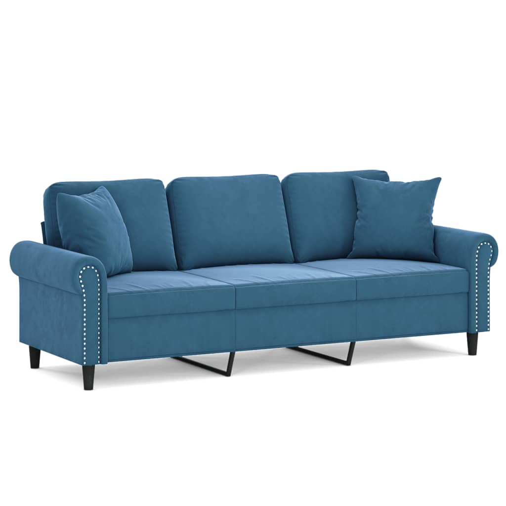 Canapé 3 places avec oreillers décoratifs bleu 180 cm velours - XIOS