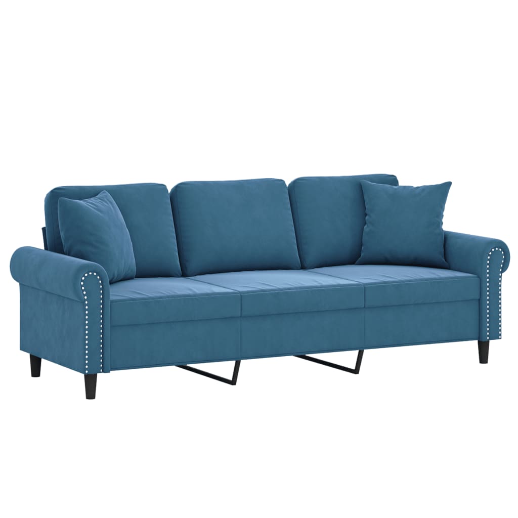 Canapé 3 places avec oreillers décoratifs bleu 180 cm velours - XIOS