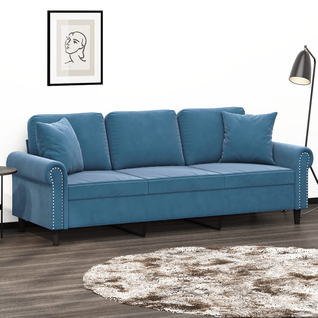 Canapé 3 places avec oreillers décoratifs bleu 180 cm velours - XIOS