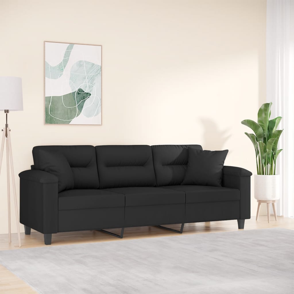 Canapé 3 places avec oreillers noir 180 cm tissu microfibre - XIOS