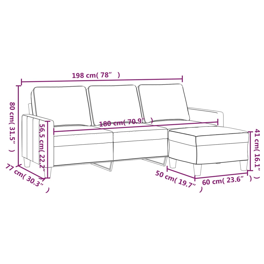 Canapé à 3 places avec repose-pieds Crème 180 cm Tissu