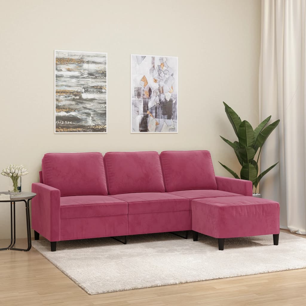Canapé à 3 places et repose-pieds Rouge bordeaux 180 cm Velours - XIOS