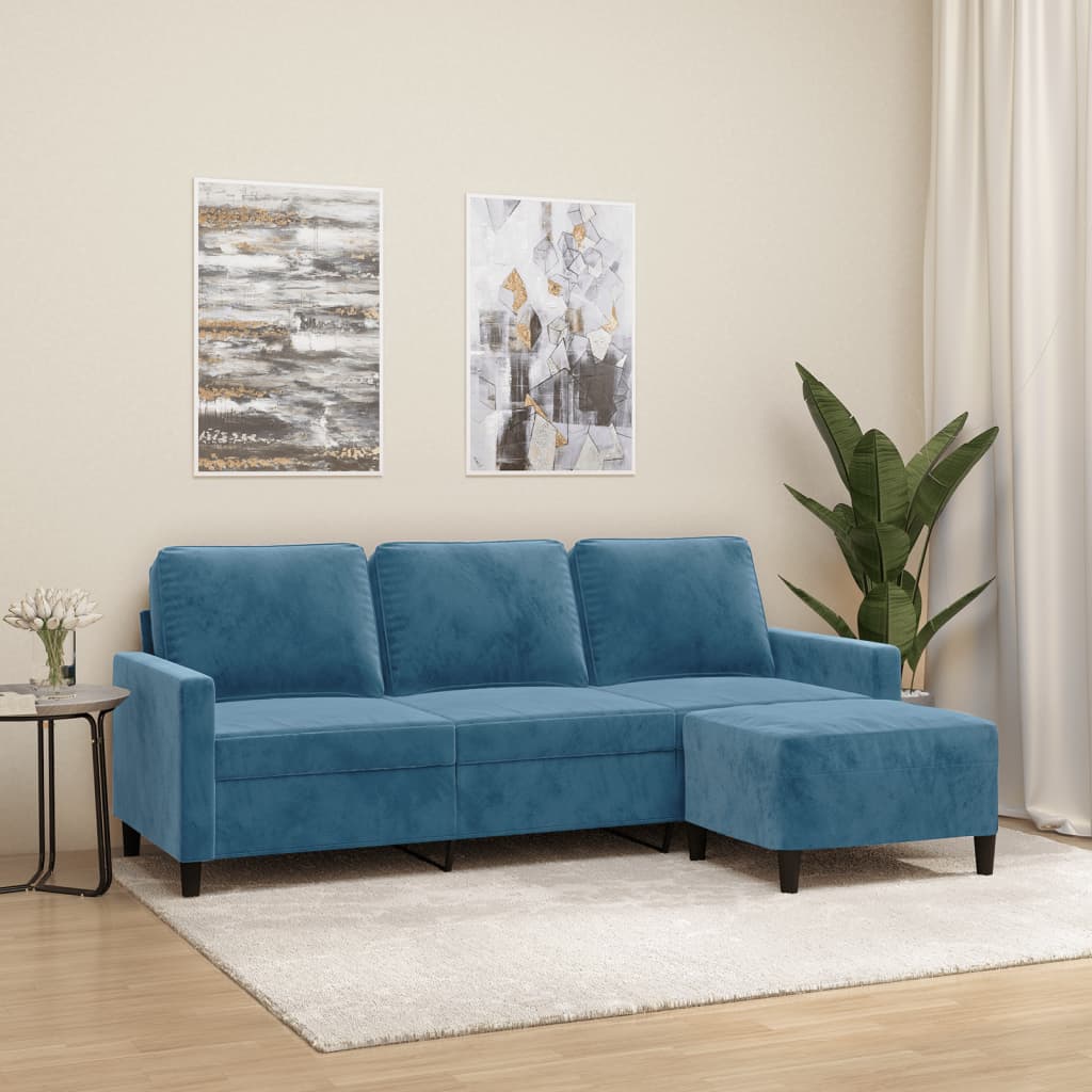 Canapé à 3 places avec repose-pieds Bleu 180 cm Velours - XIOS