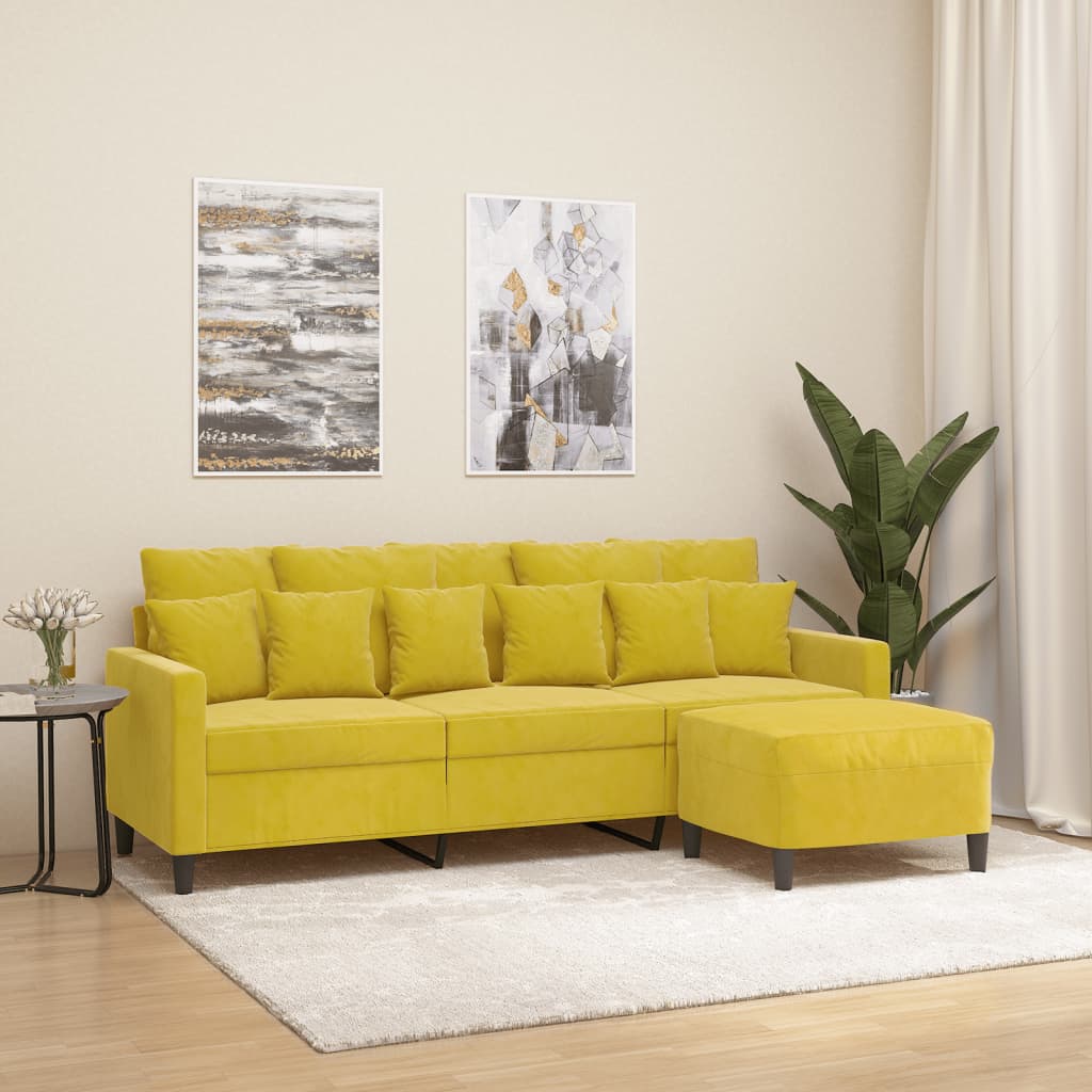 Canapé à 3 places avec repose-pieds jaune 180 cm velours - XIOS