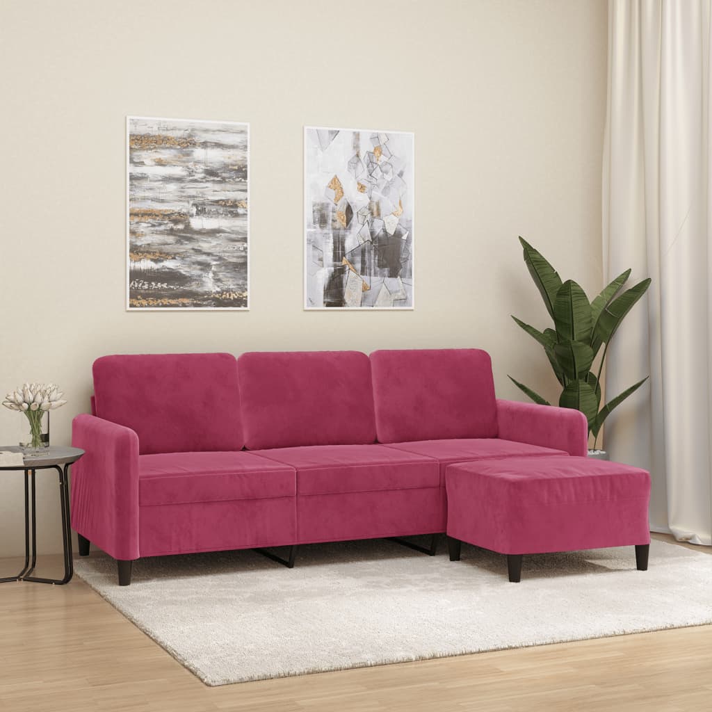 Canapé à 3 places et repose-pieds Rouge bordeaux 180 cm Velours - XIOS
