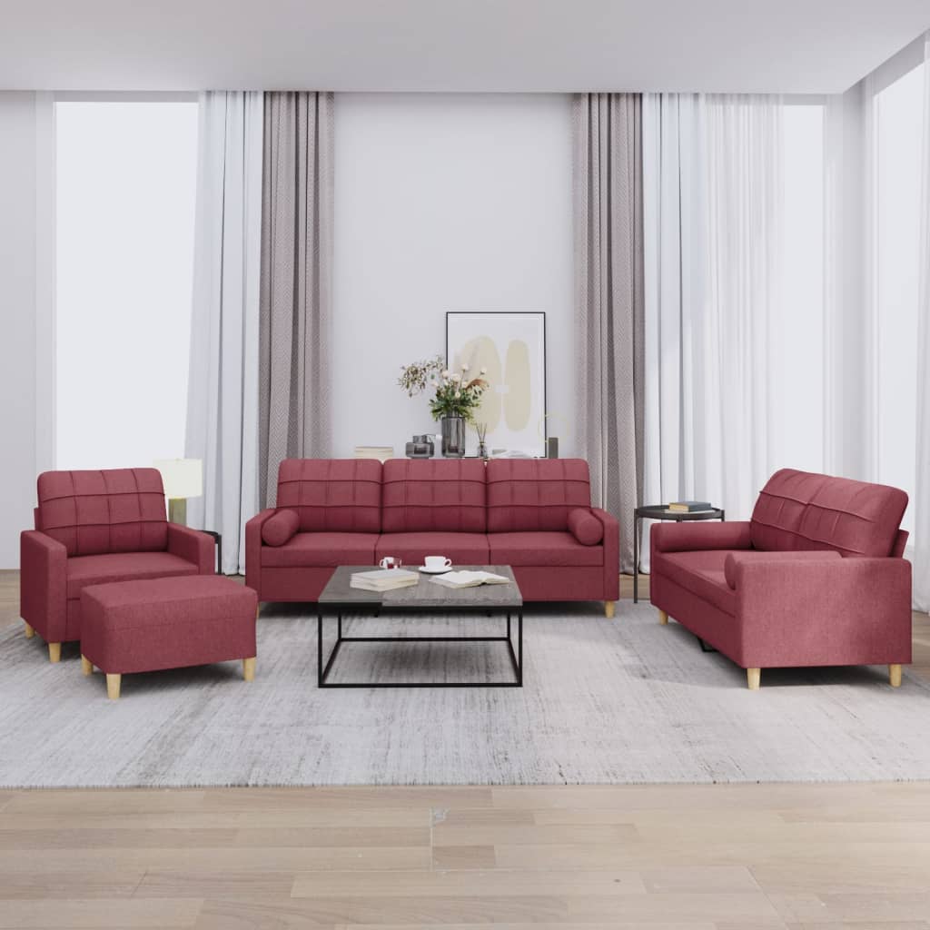 Ensemble de canapés 4 pcs avec coussins rouge bordeaux tissu
