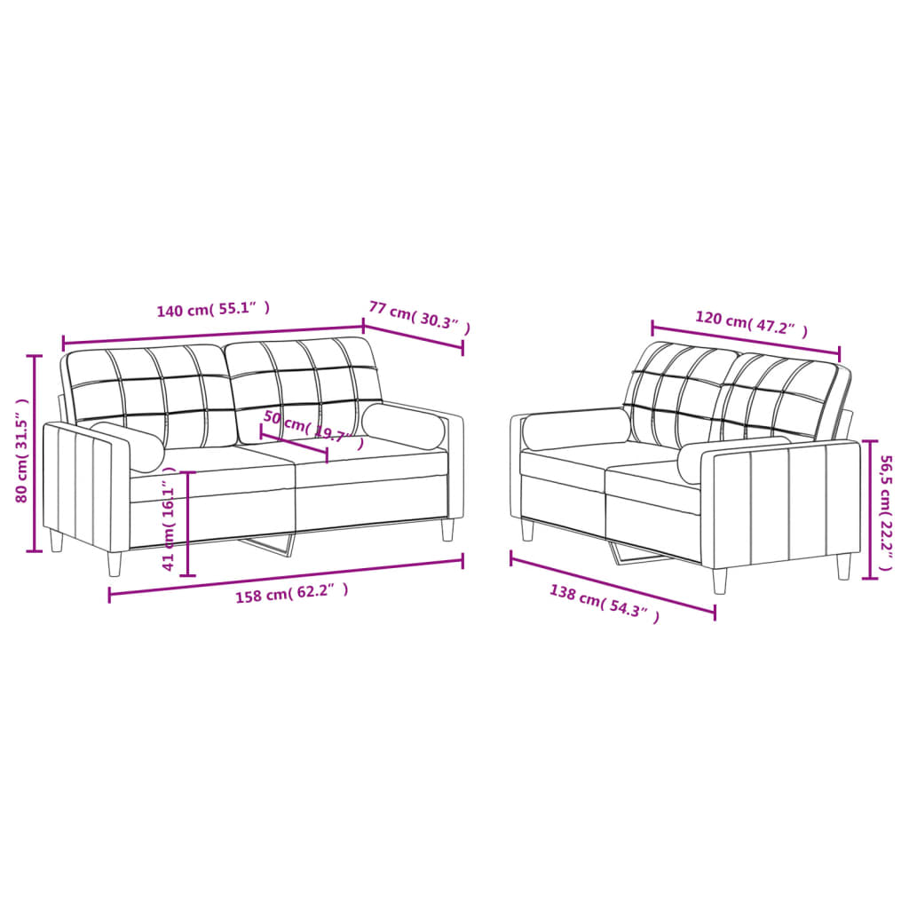 Ensemble de canapés 2 pcs avec coussins rouge bordeaux tissu - XIOS