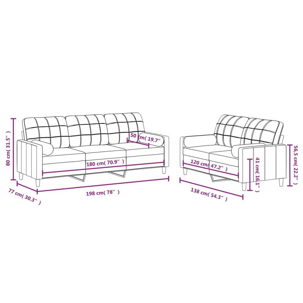 Ensemble de canapés 2 pcs avec coussins rouge bordeaux tissu - XIOS