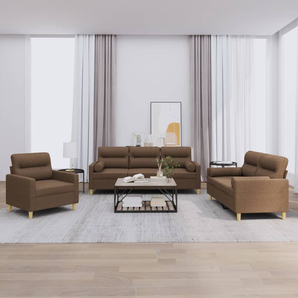 Ensemble de canapés 3 pcs avec coussins marron tissu