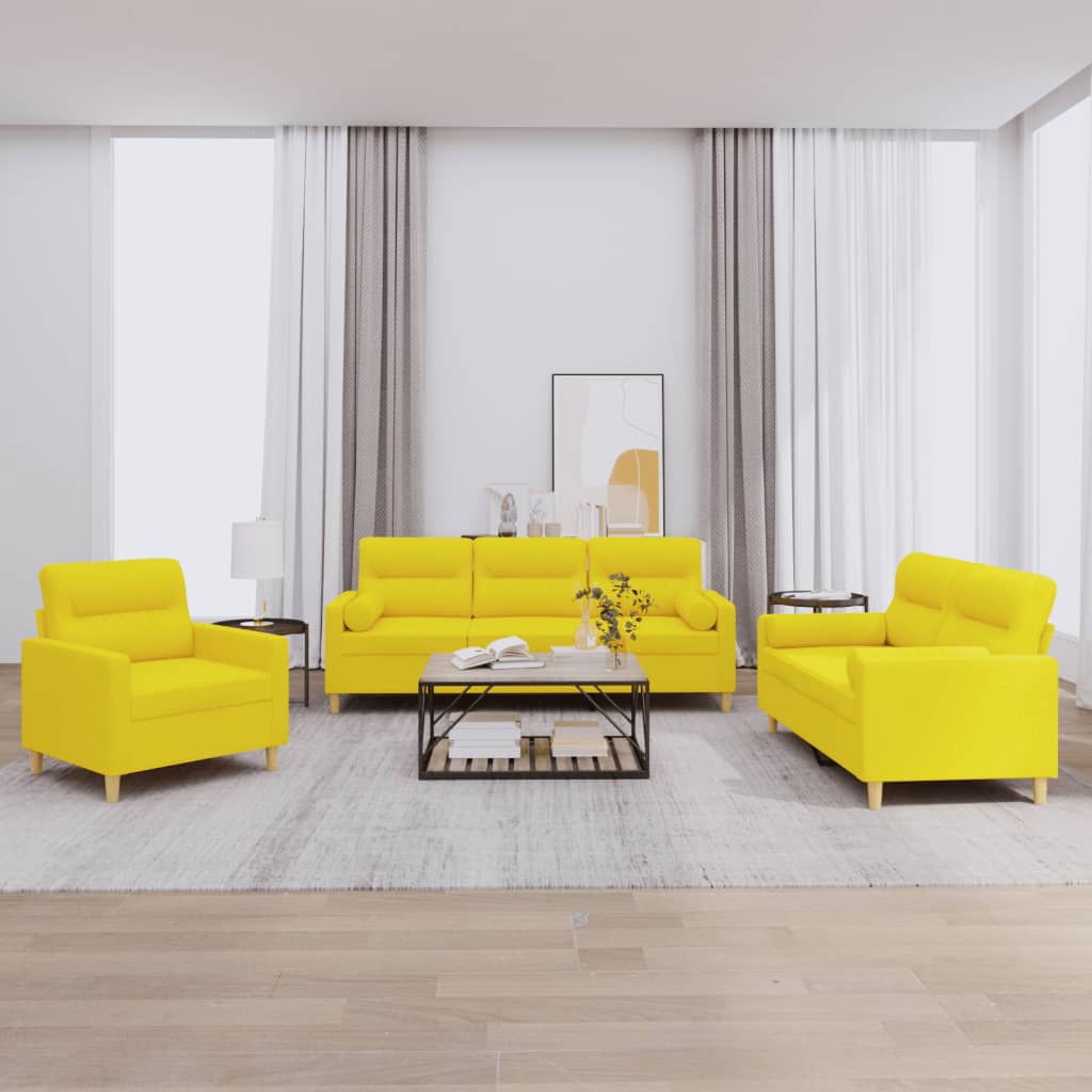 Ensemble de canapés 3 pcs avec coussins jaune clair tissu