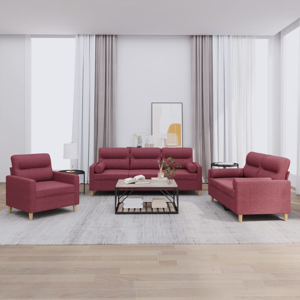 Ensemble de canapés 3 pcs avec coussins rouge bordeaux tissu - XIOS