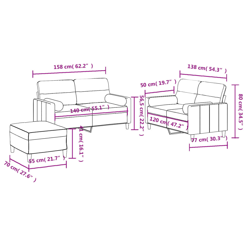 Ensemble de canapés 3 pcs avec coussins noir tissu - XIOS