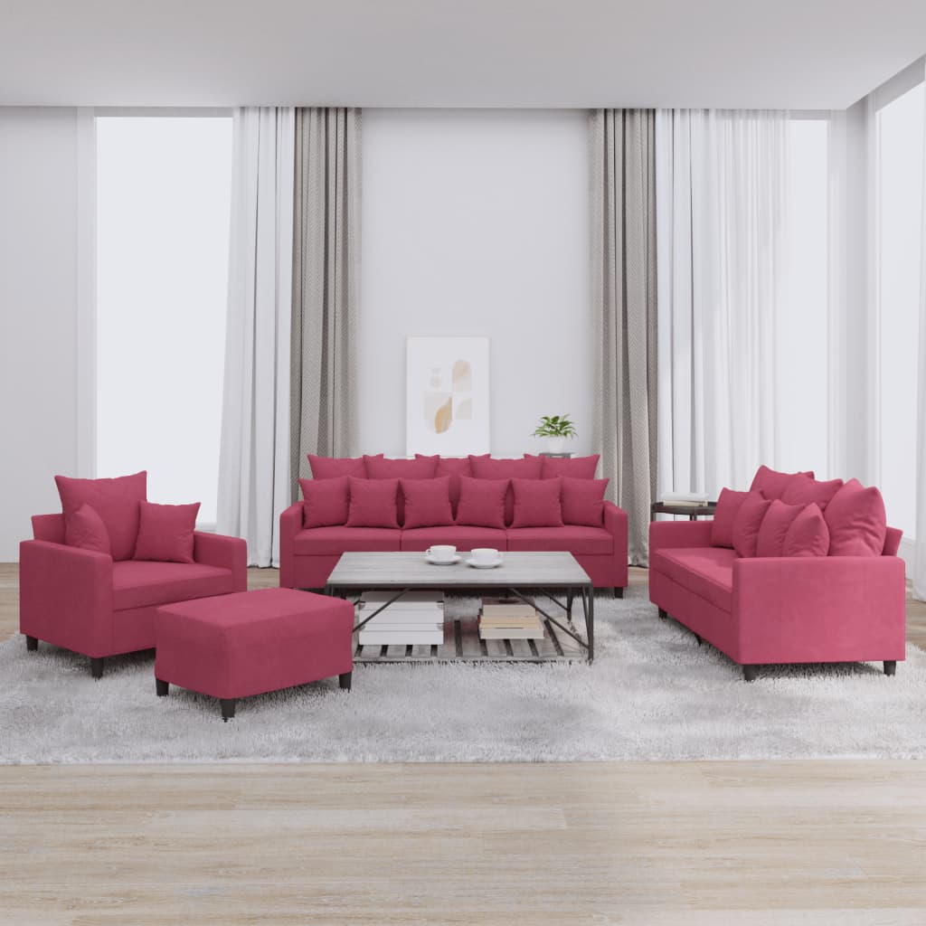 Ensemble de canapés 4 pcs avec coussins Rouge bordeaux Velours