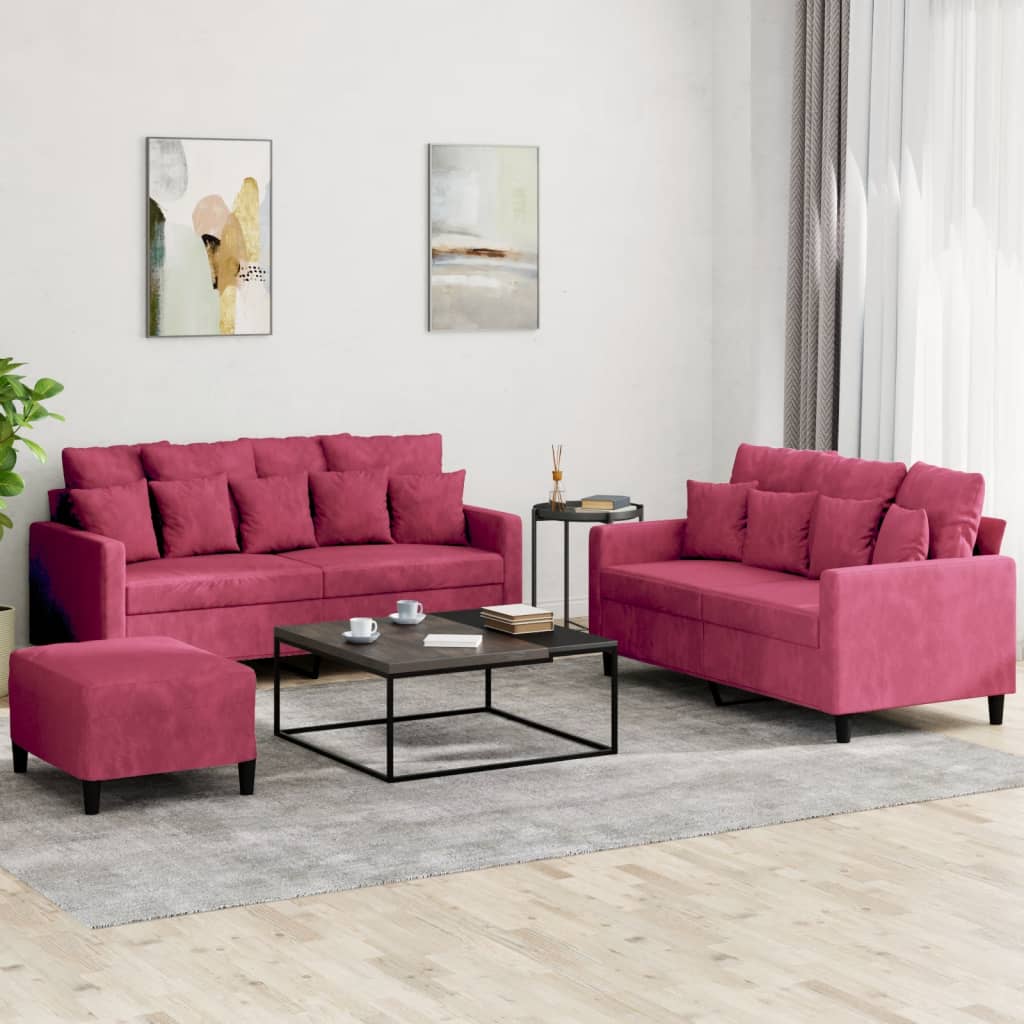Ensemble de canapés 3 pcs avec coussins Rouge bordeaux Velours - XIOS