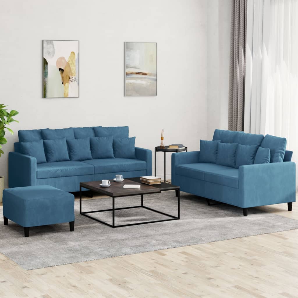 Ensemble de canapés 3 pcs avec coussins Bleu Velours - XIOS