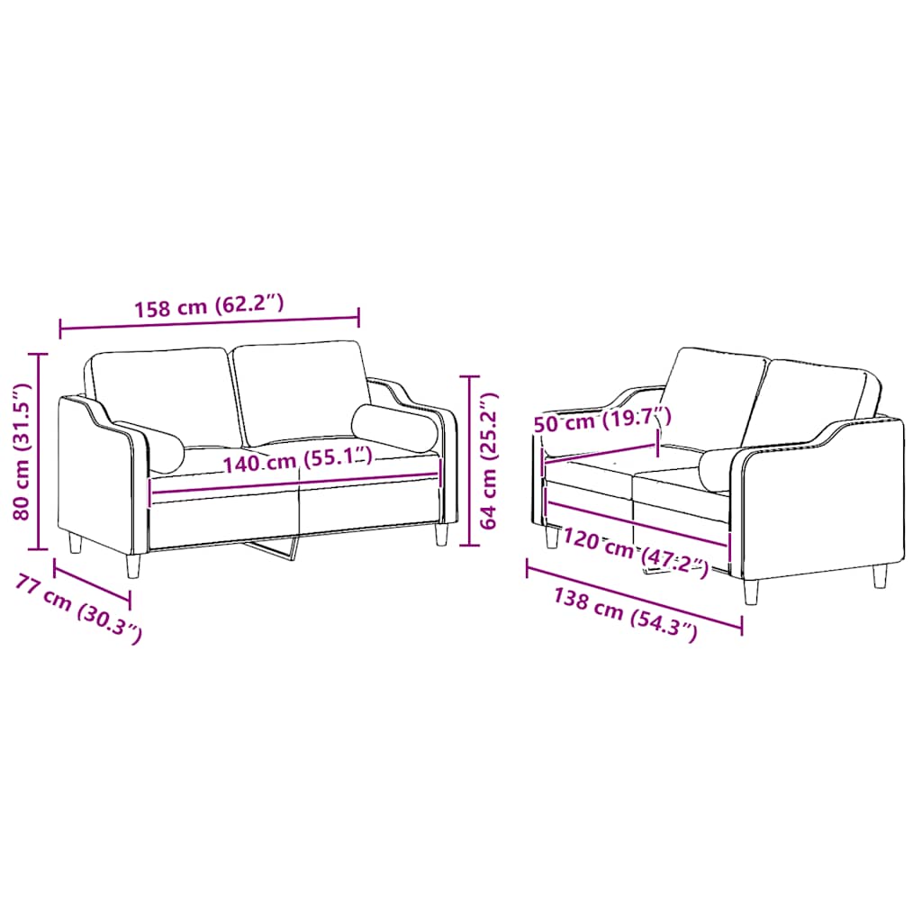 Ensemble de canapés 2 pcs avec coussins rouge bordeaux tissu - XIOS