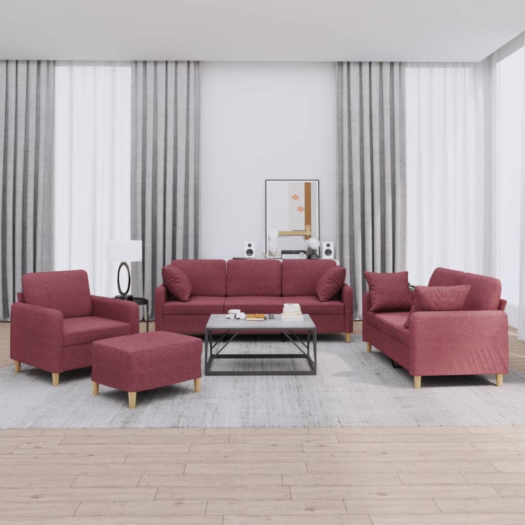 Ensemble de canapés 4 pcs avec coussins rouge bordeaux tissu