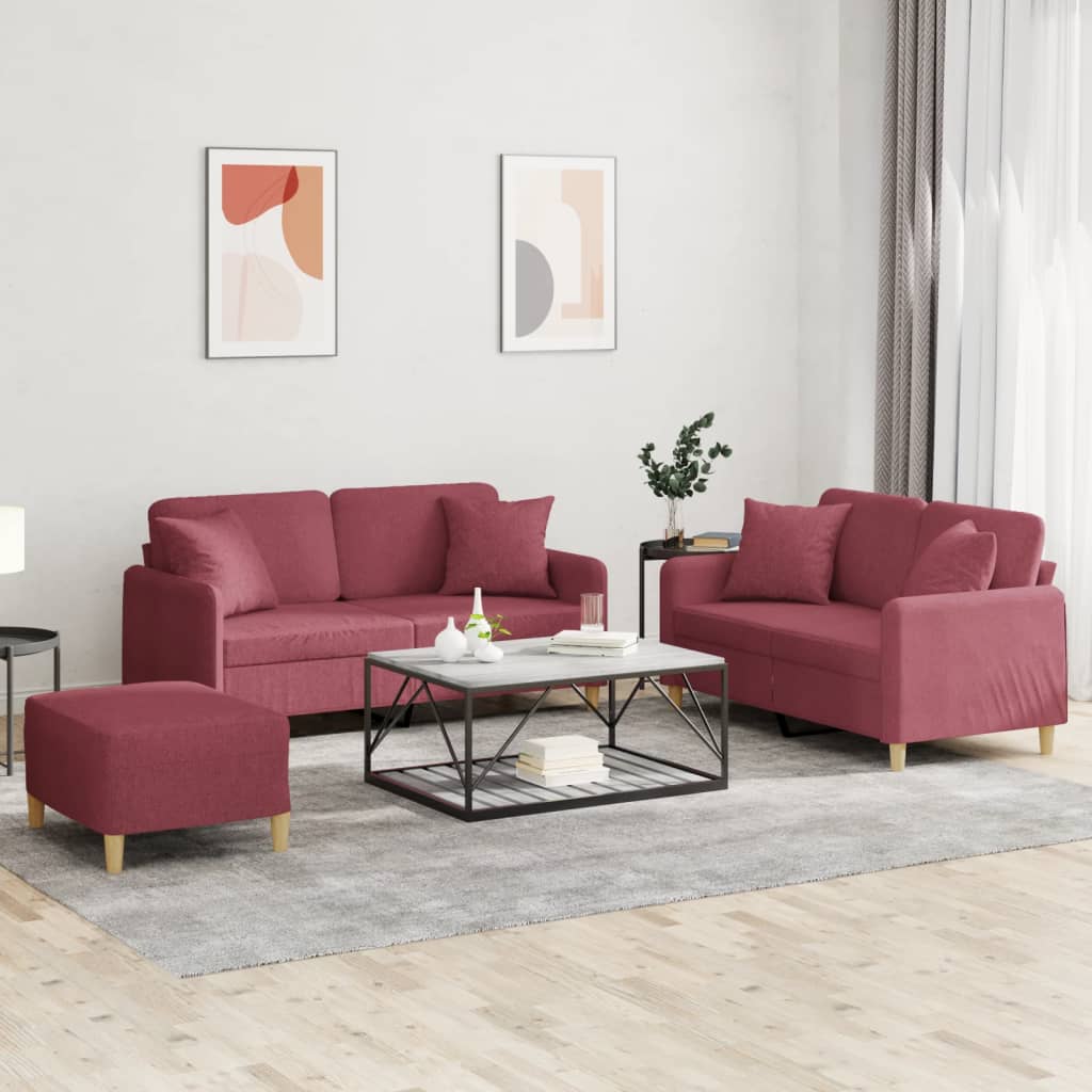 Ensemble de canapés 3 pcs avec coussins rouge bordeaux tissu