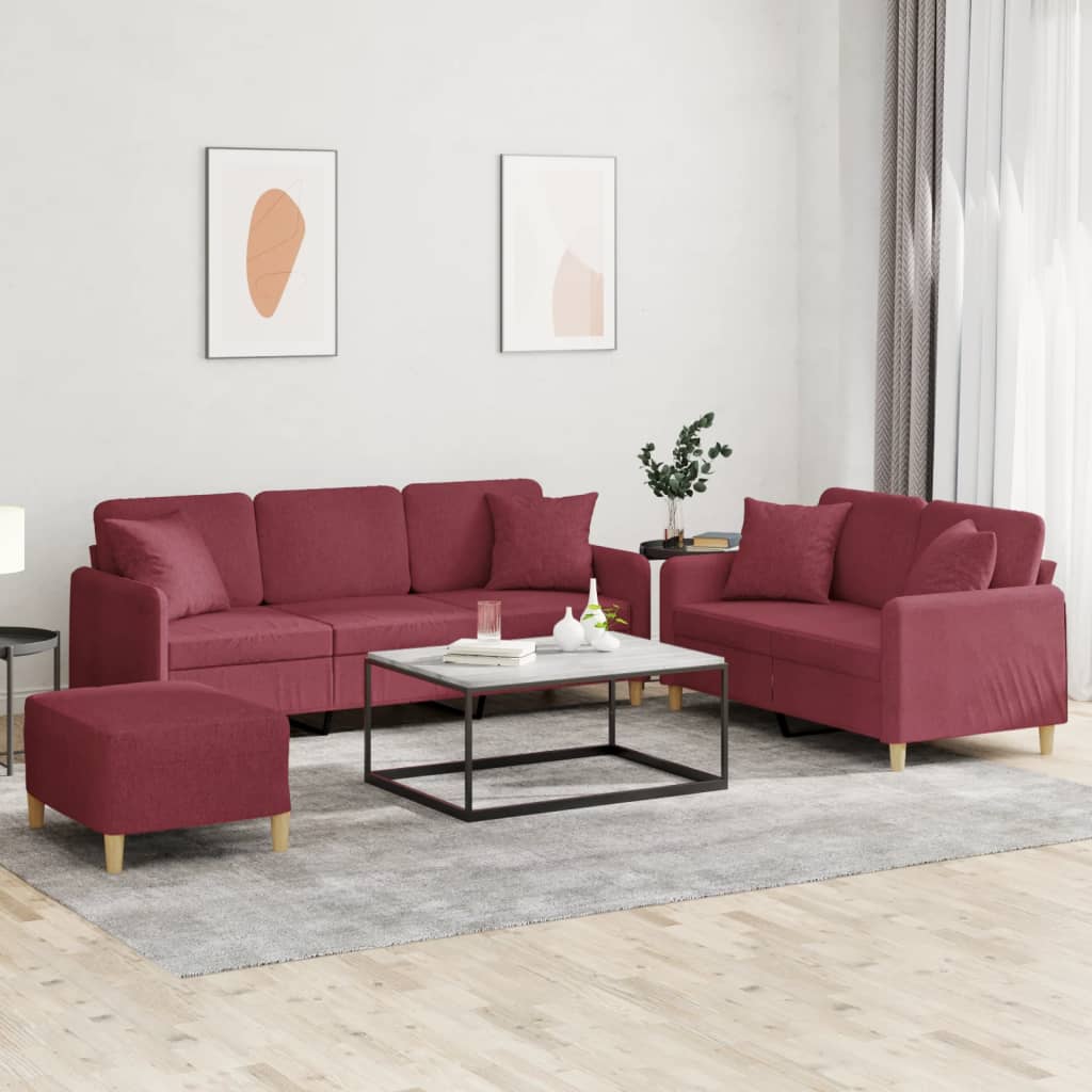 Ensemble de canapés 3 pcs avec coussins rouge bordeaux tissu