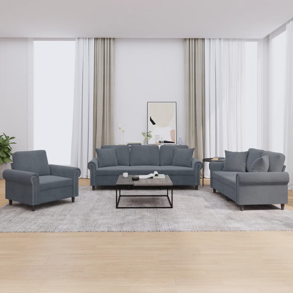 Ensemble de canapés 3 pcs avec coussins gris foncé velours - XIOS