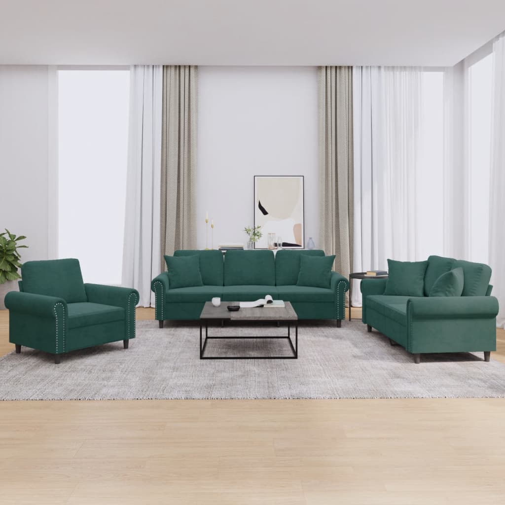 Ensemble de canapés 3 pcs avec coussins vert foncé velours - XIOS