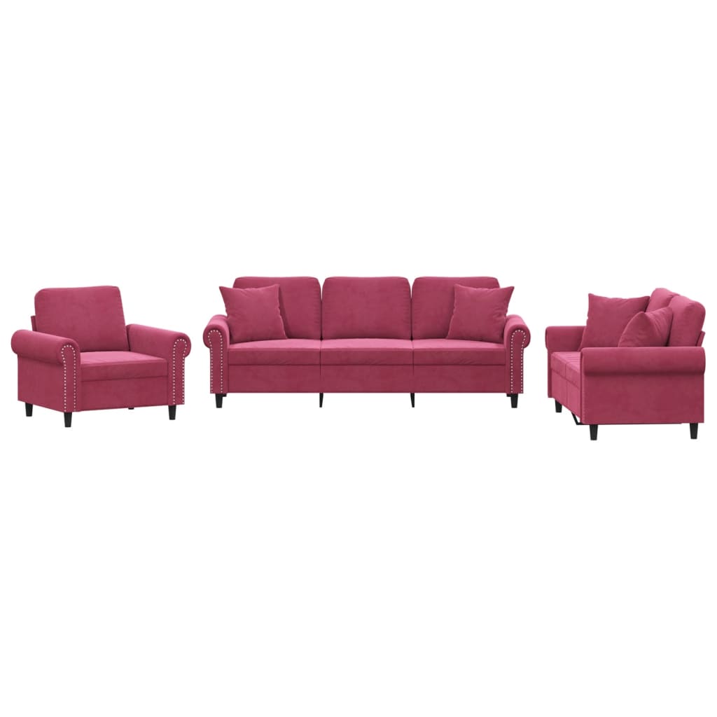 Ensemble de canapés 3 pcs avec coussins rouge bordeaux velours - XIOS