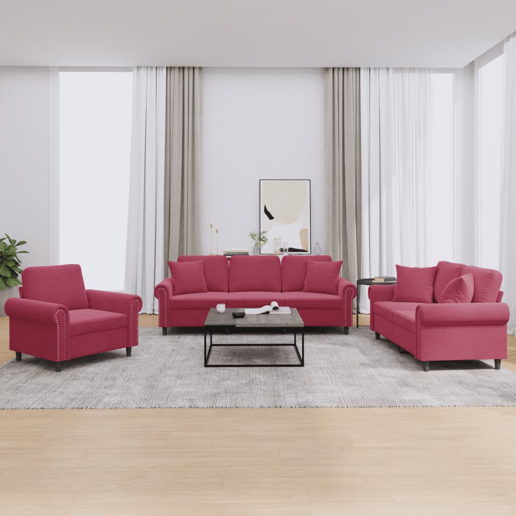 Ensemble de canapés 3 pcs avec coussins rouge bordeaux velours - XIOS