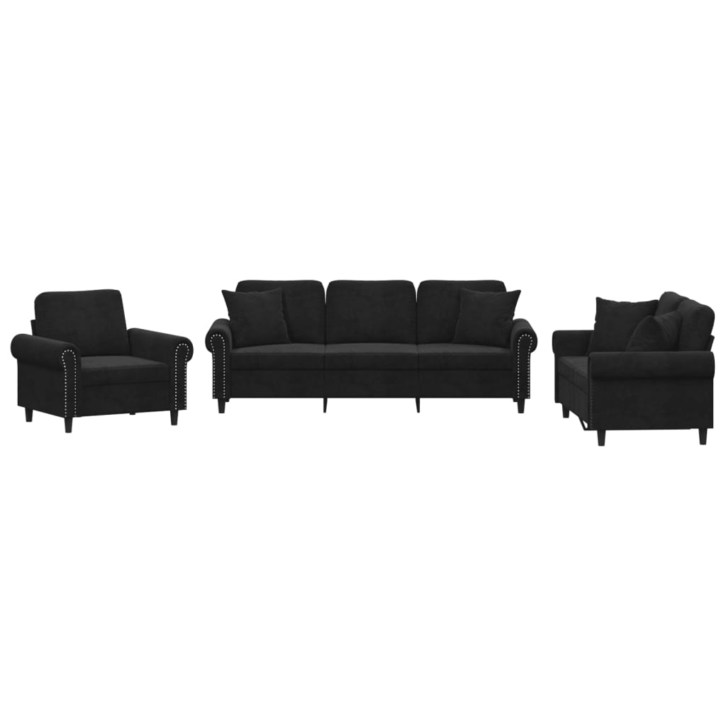 Ensemble de canapés 3 pcs avec coussins noir velours - XIOS