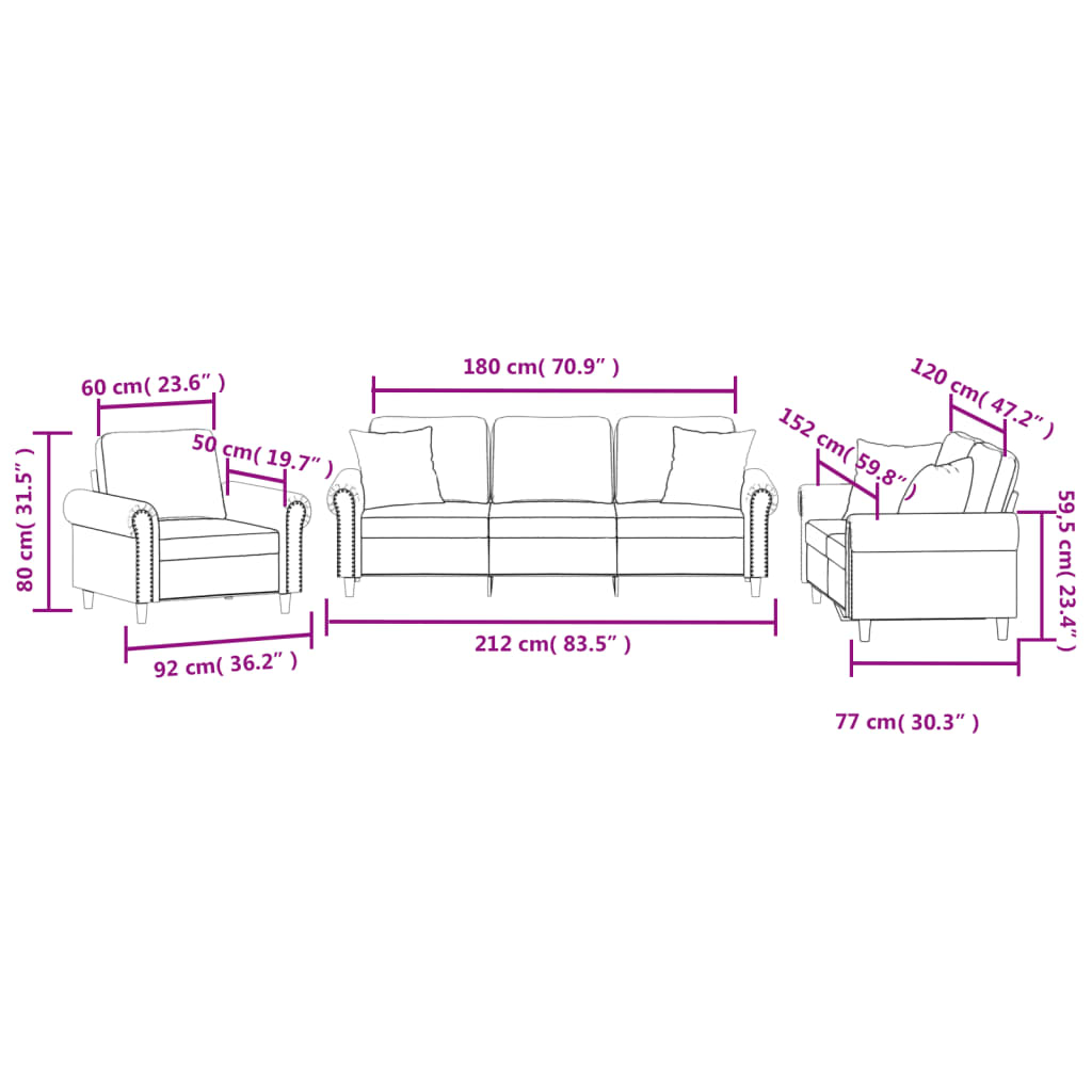 Ensemble de canapés 3 pcs avec coussins noir velours - XIOS