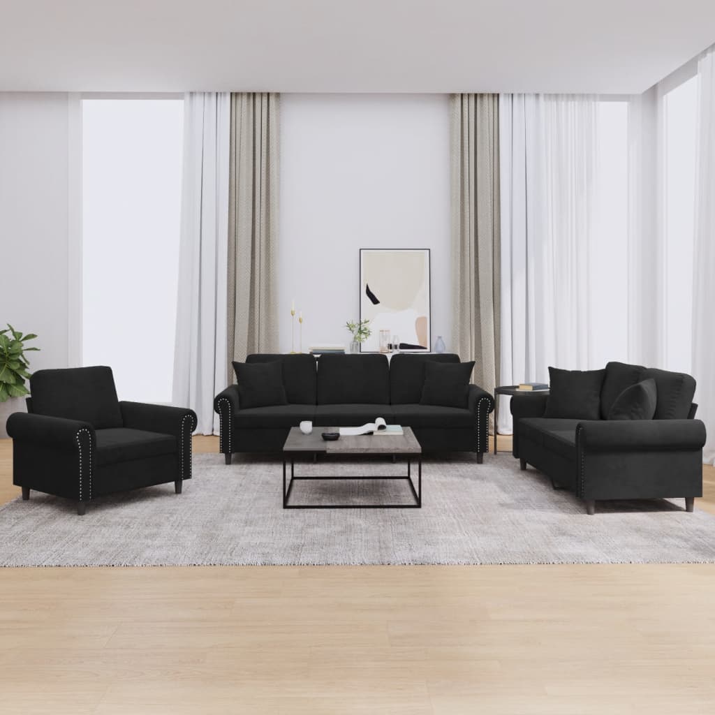 Ensemble de canapés 3 pcs avec coussins noir velours - XIOS