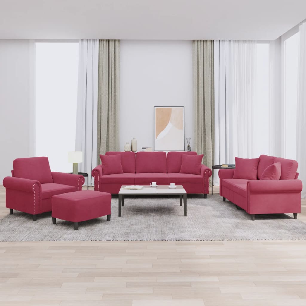 Ensemble de canapés 4 pcs avec coussins rouge bordeaux velours - XIOS