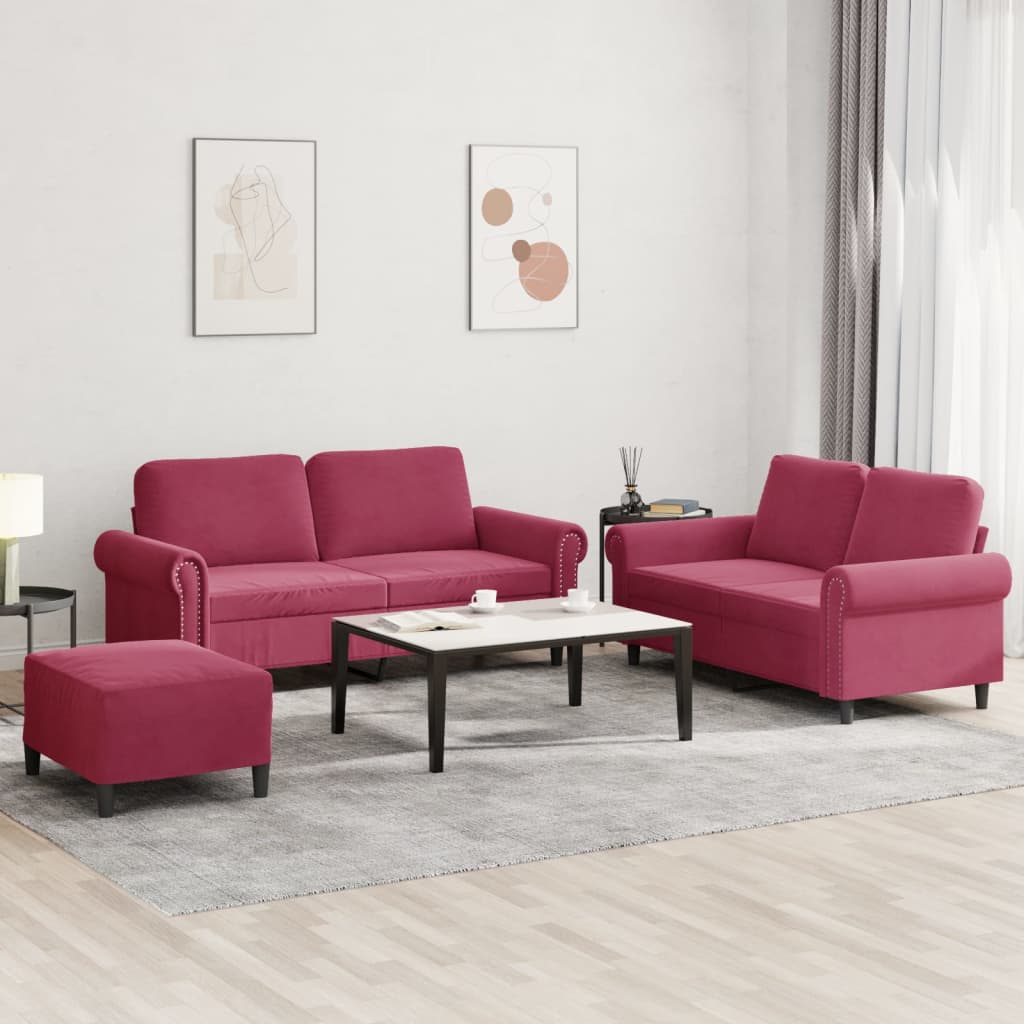Ensemble de canapés 3 pcs avec coussins Rouge bordeaux Velours - XIOS