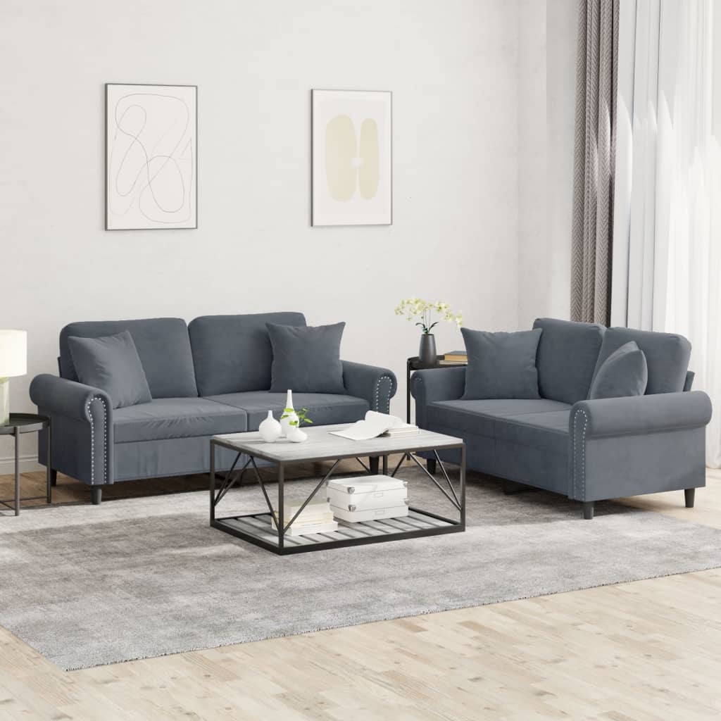 Ensemble de canapés 2 pcs avec coussins gris foncé velours - XIOS