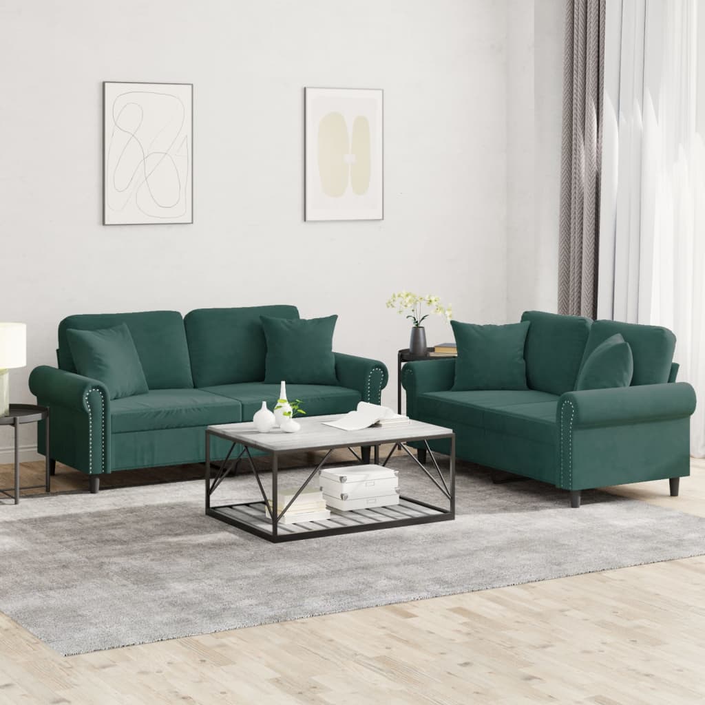Ensemble de canapés 2 pcs avec coussins vert foncé velours - XIOS