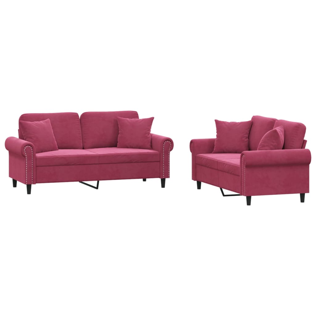 Ensemble de canapés 2 pcs avec coussins rouge bordeaux velours - XIOS