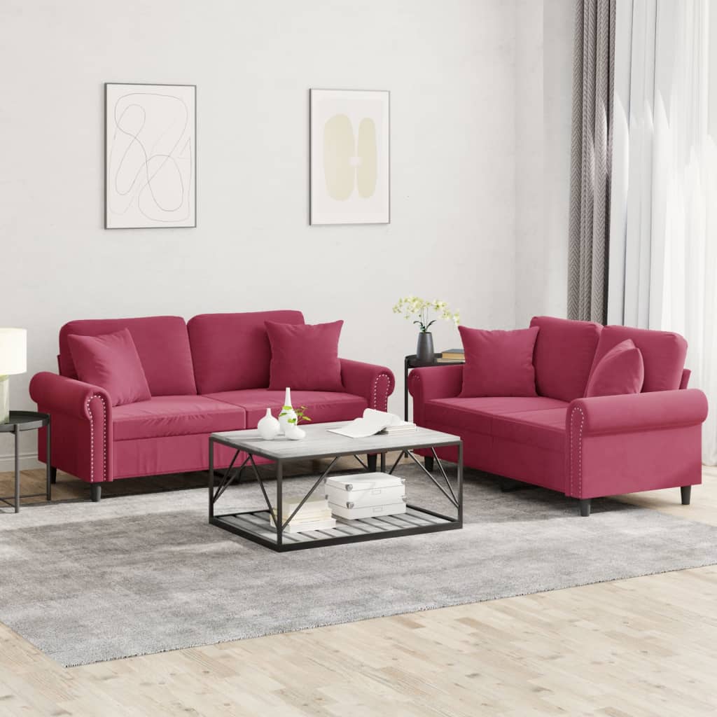 Ensemble de canapés 2 pcs avec coussins rouge bordeaux velours - XIOS