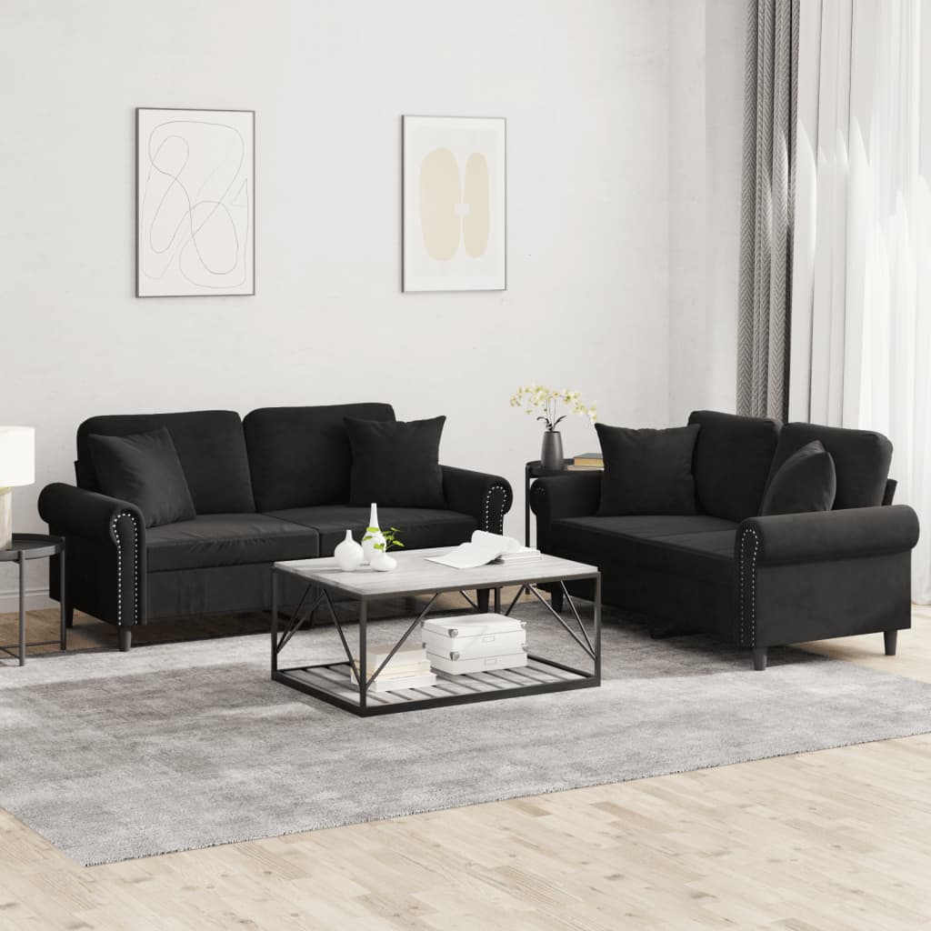 Ensemble de canapés 2 pcs avec coussins noir velours - XIOS