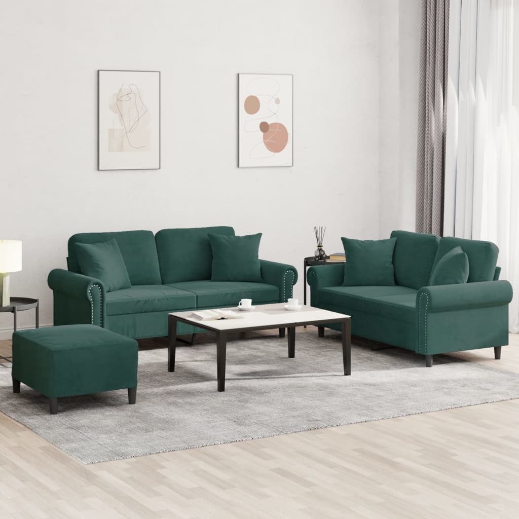 Ensemble de canapés 3 pcs avec coussins vert foncé velours - XIOS