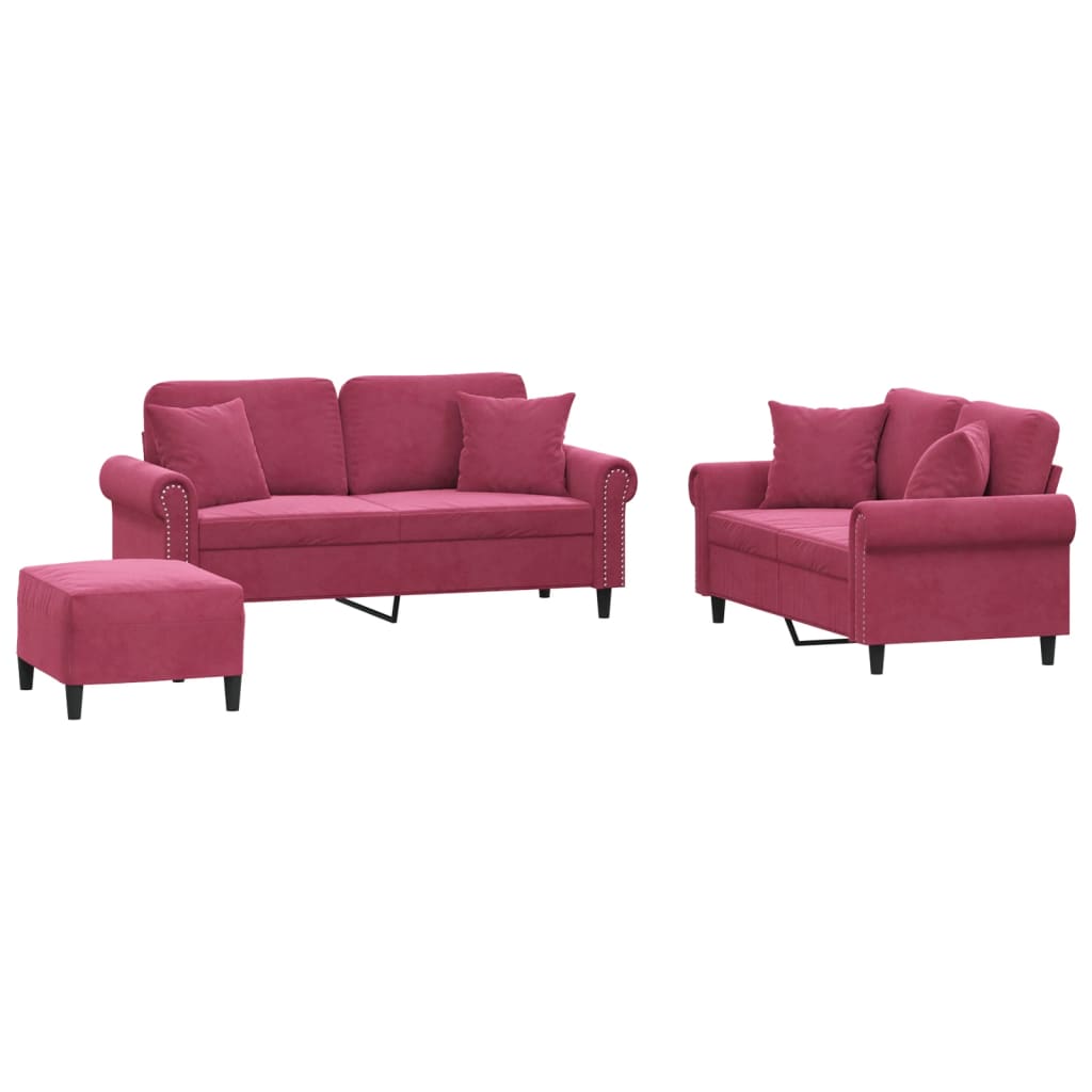 Ensemble de canapés 3 pcs avec coussins rouge bordeaux velours - XIOS