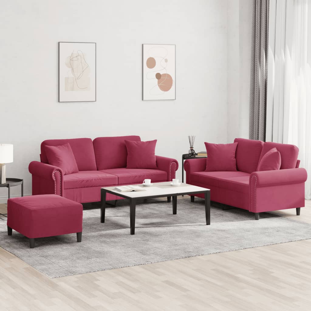 Ensemble de canapés 3 pcs avec coussins rouge bordeaux velours - XIOS