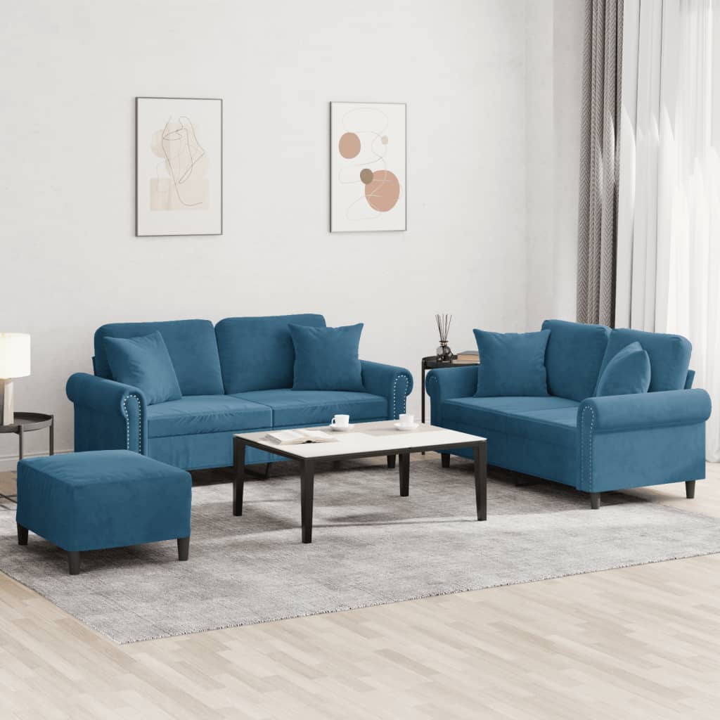 Ensemble de canapés 3 pcs avec coussins bleu velours