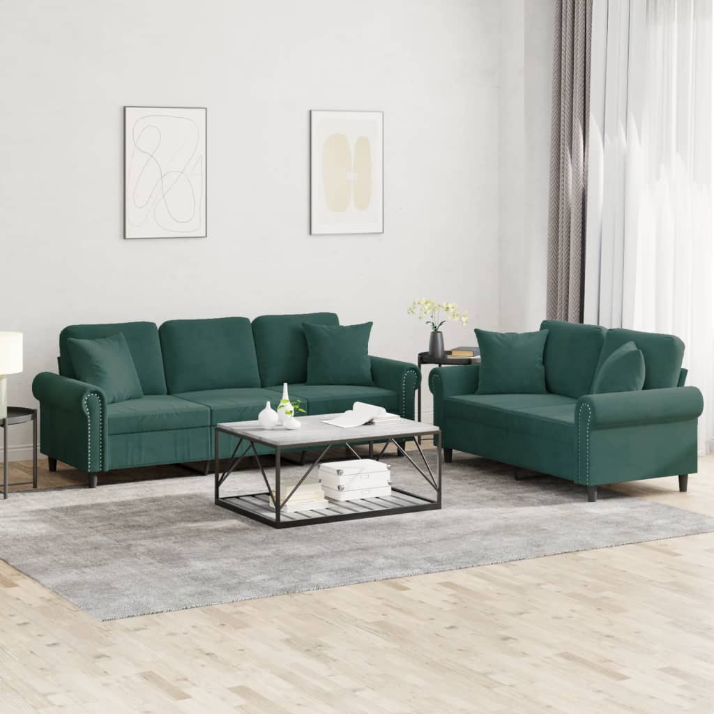 Ensemble de canapés 2 pcs avec coussins vert foncé velours - XIOS