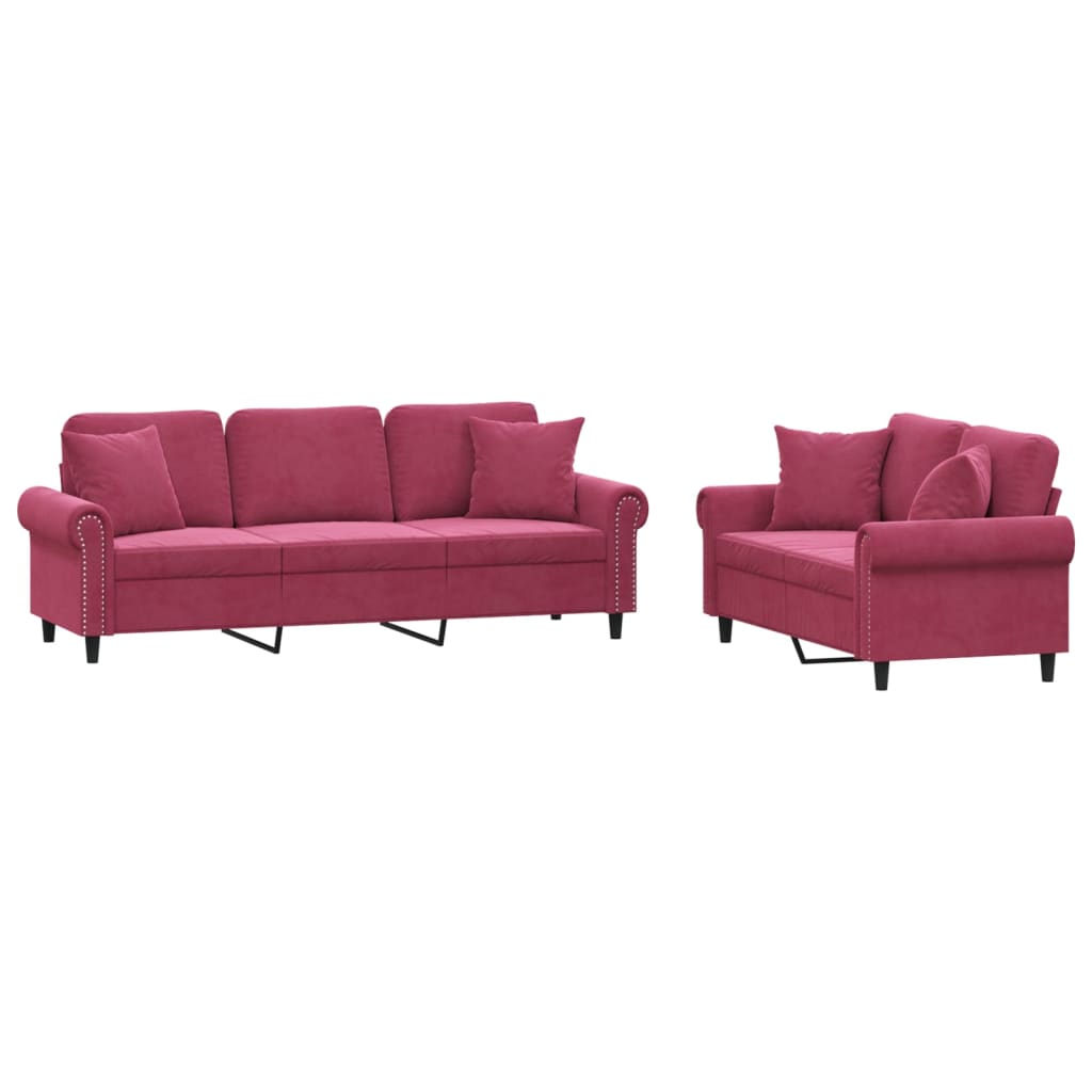 Ensemble de canapés 2 pcs avec coussins rouge bordeaux velours - XIOS
