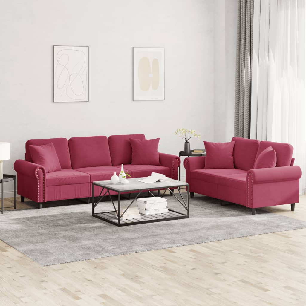 Ensemble de canapés 2 pcs avec coussins rouge bordeaux velours - XIOS