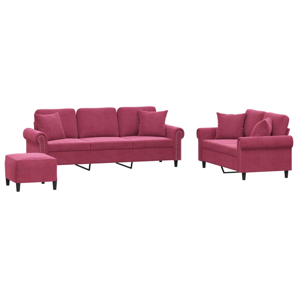 Ensemble de canapés 3 pcs avec coussins rouge bordeaux velours - XIOS