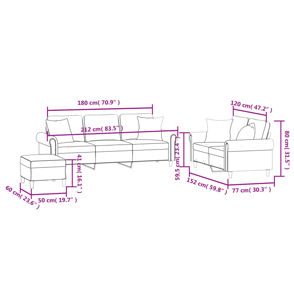 Ensemble de canapés 3 pcs avec coussins rouge bordeaux velours - XIOS