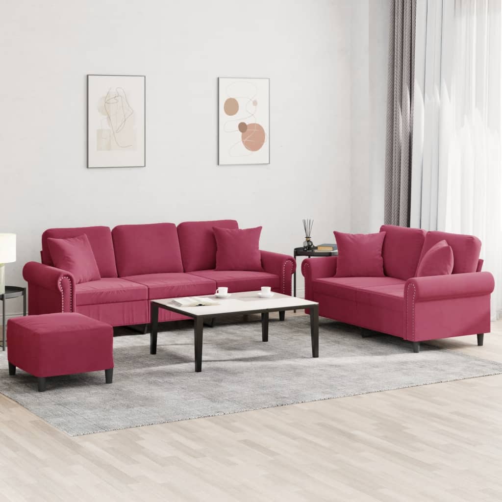 Ensemble de canapés 3 pcs avec coussins rouge bordeaux velours - XIOS